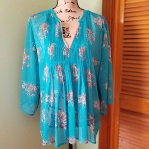 Turquoise Floral Shyanne Sheer Blouse XL